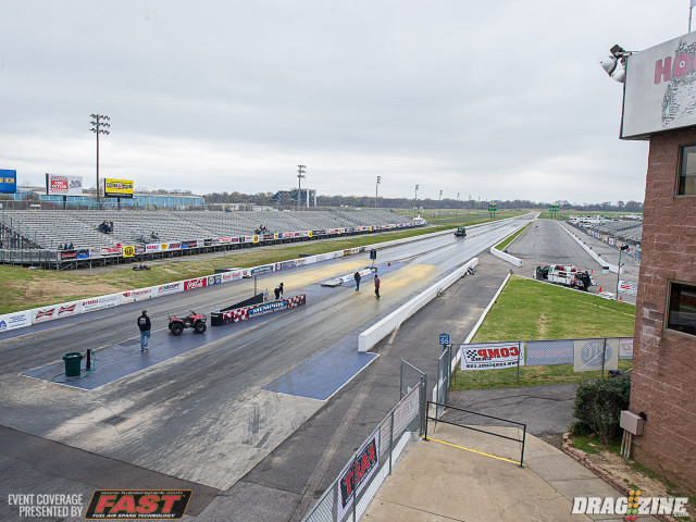 Tyler Crossnoe and crew are working hard to get the track ready following the rain last night. Copious amounts of gold dust, VP Lane Choice traction compound and a lot of know-how should have the track ready to hook when action resumes.