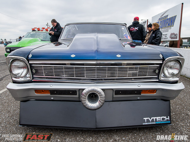 Tyree Smith overhauled the front end of his ghost-flamed Chevy II and it seems to have paid off. Smith is qualified at #3 with a solid 4.51 that will give him lane choice over the Camaro of Henry Schneider in the opening frame of eliminations.