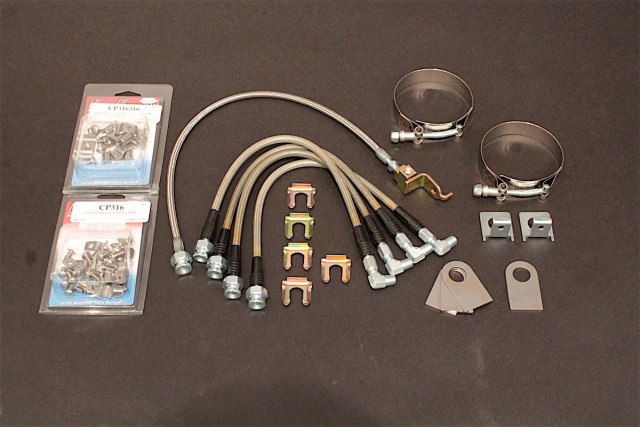 A look at the parts we sourced from Classic Performance Parts for this project. Here we've got AN stainless flex line (BHK-SAN), brake hose tabs (BHT), a stainless straight-line fit for GM vehicles (SLS-03), single and double-line clamps (CP316, CP316316), and 3/16 rear flex line kit (RSFLK-316).