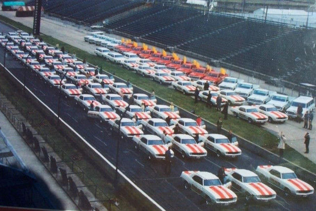 This original photo shows all of the Pace Cars that were produced for the race. The "giveaway" cars are on the right.