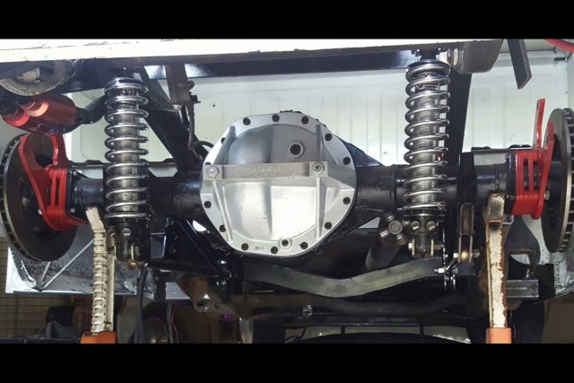 The truck's original leaf spring arrangement has been replaced with a backhalf setup with ladder bars and coilover shocks. Tellez Motorsports, where Marco is employed, performed the majority of the work on the truck.