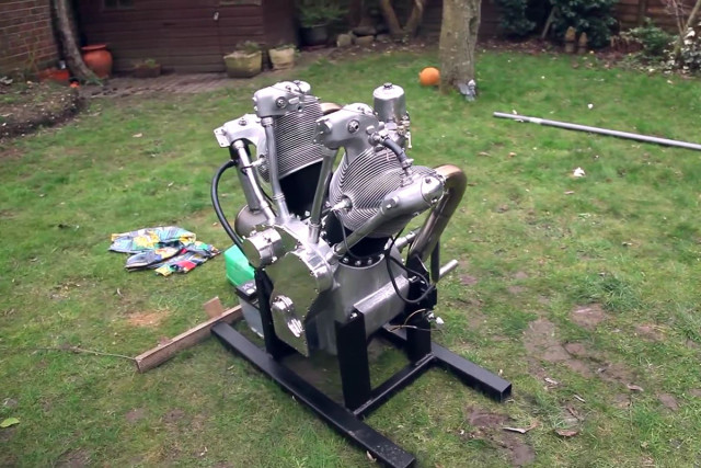 This is a motorcycle engine made out of parts from a famous aircraft engine. 