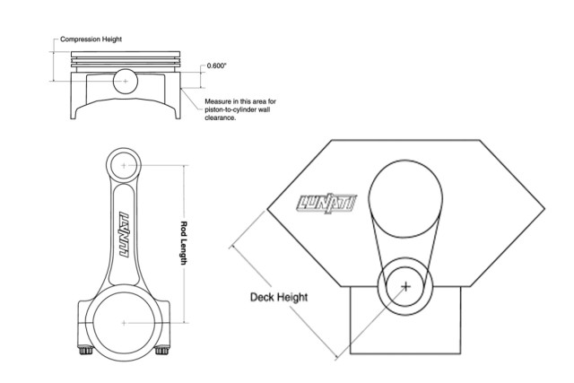 The crankshaft, connecting rod, and piston make up the rotating assembly. Piston compression height, connecting rod length, and half of the stroke equals the deck height in a zero-deck engine.