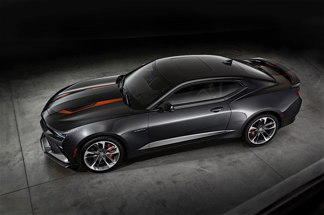 The 2017 Camaro 50th Anniversary Special Edition is available summer 2016 on 2LT and 2SS coupe or convertible models. The Special Edition features a Nightfall Gray exterior, unique 20” wheels and center caps, orange stripe package and a black interior with suede accents and orange stitching. Distinct 50th anniversary badging treatment is featured on seatbacks, the steering wheel badge and illuminated sill plates. For the 2017 model year, every Camaro built will feature a special 50th Anniversary badge on the steering wheel.