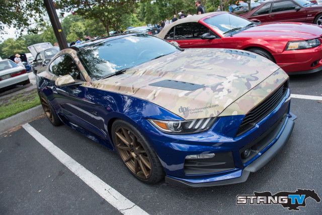 This two toned multi-cam S550, owned by Steve Gelles from UPR Products, was a highlight of the meet and greet. Serving a dual purpose, this wrap was a subtle way for this Marine and Army veteran to pay tribute to his love of this country all while setting his vehicle apart from the rest. For more information regarding this vehicle, be sure to check out StangTV's recent article reviewing the Holley EFI Sniper Intake Manifold.