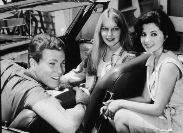 From left: Ryan O'Neal, Mia Farrow, and Barbara Parkins on the set of "Peyton Place."