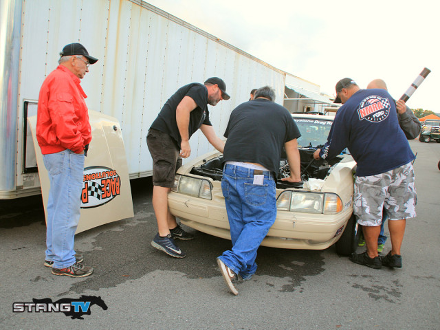 John Kerr from Race Parts Solutions is here debuting his new car in Factory Stock. We happened by Kerr during a tech inspection for the class where Lonnie Grim is pumping the engines to check cubic inch. Kerr runs “The Brawler” 1992 Mustang prepped in house with a mild engine sourced from a from a low mileage 2013 truck and built by MPR Performance. To save weight Kerr fitted the car with a full aluminum exhaust with Kooks stainless headers.“This is my first event with the car and it hasn't made a full pass down the track yet so it will be an experience tomorrow to see how it does.” Kerr said. Sponsors on the car include Heatshield Products, UPR Suspension, Frank Lupo's Dynamic Transmissions and Converters, Mishimoto, and is equipped with Race Parts Solutions silicone hoses and a full MSD ignition. A Diablosport Trinity tuned is used to modify the factory ECM tunes.