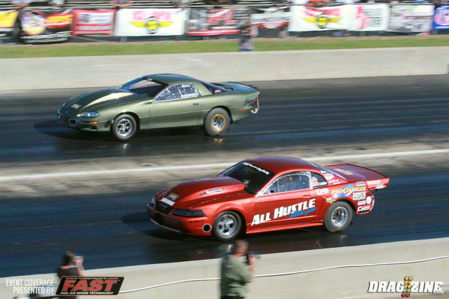 The Ridenour Rocket driven by Tony Ridenour is a stable here at Duck X events. He faced off with Phil Hines this round and they were neck and neck till the tires let loose on Ridenour's Camaro soon after the sixty foot.