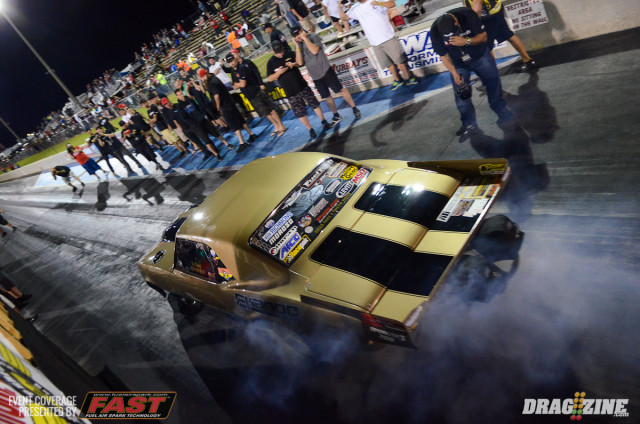 In the semis of PTC Radial vs the World it would be Joe Albrecht vs Barry Mitchel with Albrecht coming away with the win as Mitchel was forced to pedal from a wheel stand. A common occurrence here this weekend and in the closing rounds. Mills was to face off with Alan Pittman who developed a leak and was forced out for safety reasons. Albrecht will have lane choice with his 3.823. The final of PTC Radial vs the World was insane as Joe Albrecht and Dewayne Mills both ran in the 3.70's with Mills scoring a 3.765 at 209 to Albrecht's 3.781 at 200.00 for the quickest side by side drag radial pass in history. Albrecht was leading to half track but Mill's 209 MPH freight train scooted by taking the win.