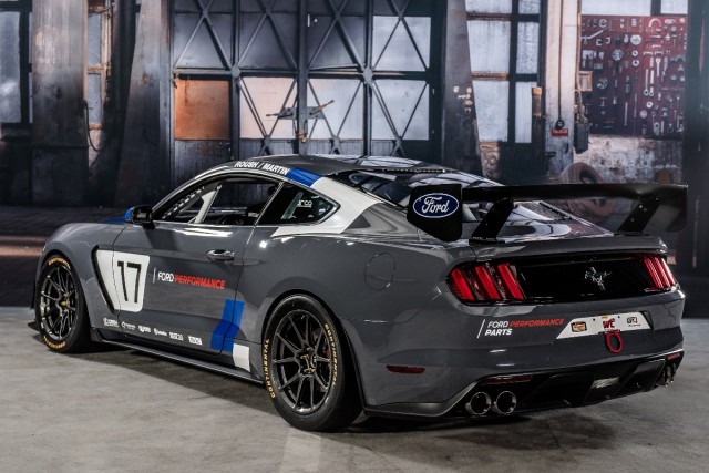 The Ford Performance Mustang GT4 features a motorsports engine control, an antilock-braking controller, and a Motec dashlogger. Inside, it is upgraded with an FIA-compliant roll cage.