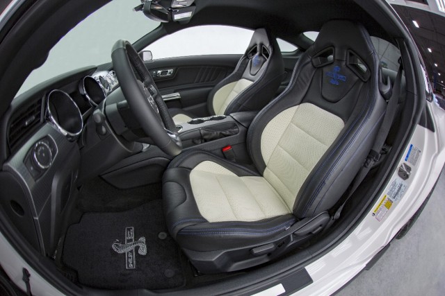 Inside the Super Snake is adorned with 50th Anniversary badging and stitching as well as a four-point roll bar, harness belts and a rear seat delete. Katzkin leather seating is optional.