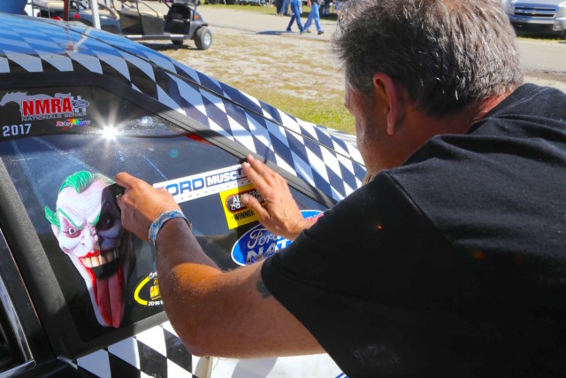 Coyote Stock racer Carlos Sobrino knows what’s up. He generously added a Ford Muscle sticker to his race car, The Joker. We all know stickers make cars go faster, so look out for Carlos to improve on his car’s e.t.’s with this new addition. He is still adjusting to his Fox being at full CS-legal weight after running light and in the nines a the World Cup Finals.