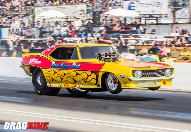 Steven Densham rides wheel stand in his Teachers Pet Camaro