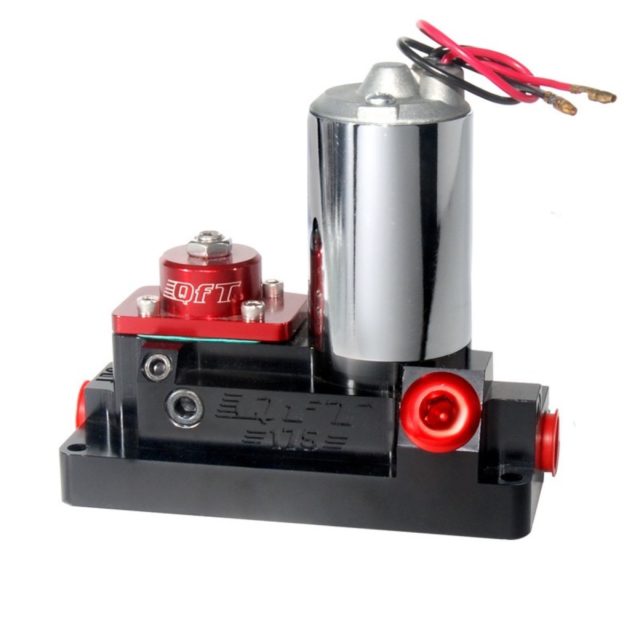 Although it looks like a race-only pump, QFT’s billet 175 GPH electric pump will run reliably on the street. It features an -8AN inlet and outlet, an integrated bypass pressure regulator, and a built-in pressure gauge port.