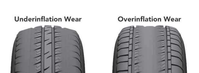 Without proper inflation and an even contact patch, overinflation will cause excessive center wear. Underinflation, on the other hand, will cause excessive shoulder wear.
