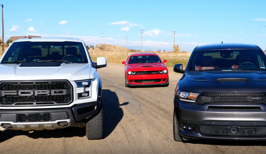 VIDEO: Ford Raptor vs Dodge Durango SRT vs Challenger Hellcat