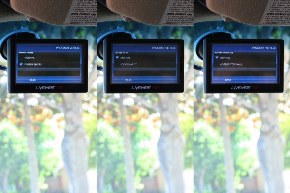 image shows three screens from the Livewire TS+ monitor. Shift firmness, Locked AT CT and Aggressive tow/haul