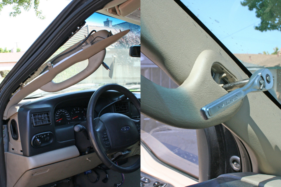 Picture of the driverside windshield pillar being removed.