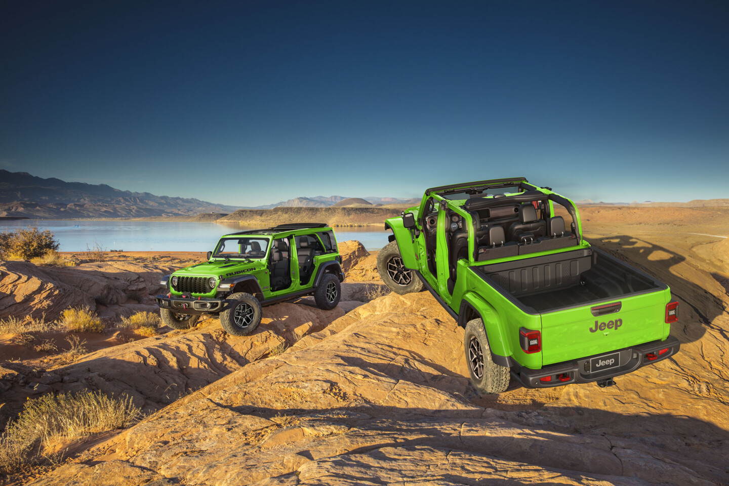 2025 Jeep Gladiator pickup and Wrangler SUV in Mojito! green.