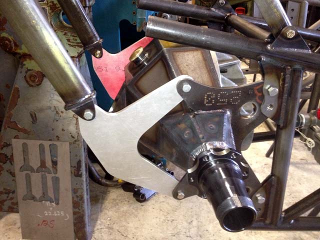 The rear end structure on the Top Dragster car Haase is building for Teuton features a Top Fuel type rear wing stand configuration and attachment system.