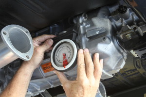 We were able to use the angle finder on the same points on Scott’s Chevelle and got similar numbers. On the transmission, the number came up to 3.0 degrees, which was almost exactly what our smartphone measured. 