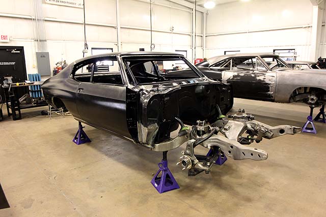 GM vehicles, like this Chevelle, are still by far the most popular in the car shop. Notice one of Detroit Speed’s hydroformed from clips outfitted with a full high performance front suspension.