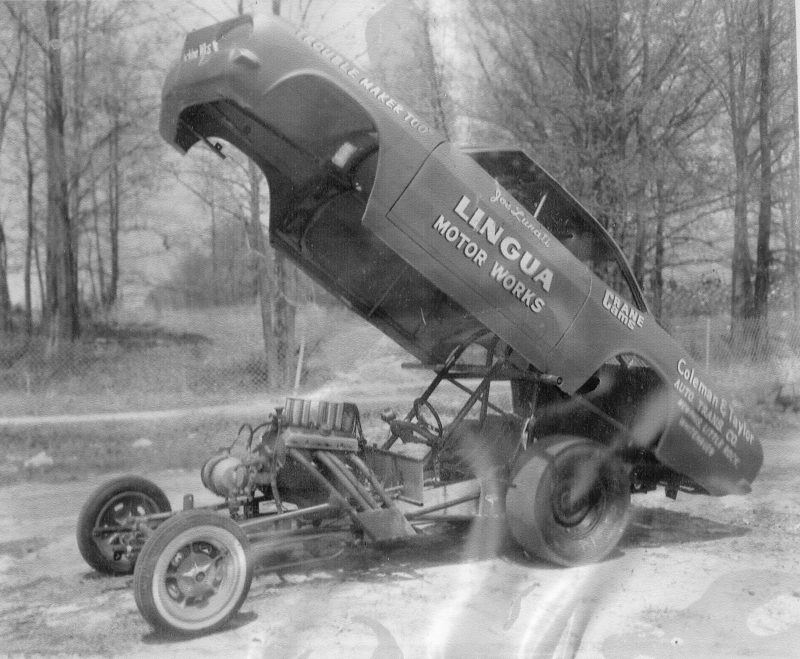 When mid-1960’s attention turned to Funny Cars, Lunati converted his AM/SP car to a low-buck Funny. On the floor of his home garage he lengthened the car’s 92” wheelbase to 108”, and then built a homemade fiberglass Corvair body for cover. The car’s extreme lightweight of 1,700 lbs. allowed him to stick with his 377 cubic inch Hilborn injected small-block Chevy, running high 8-second ET’s at 170-plus mph.
