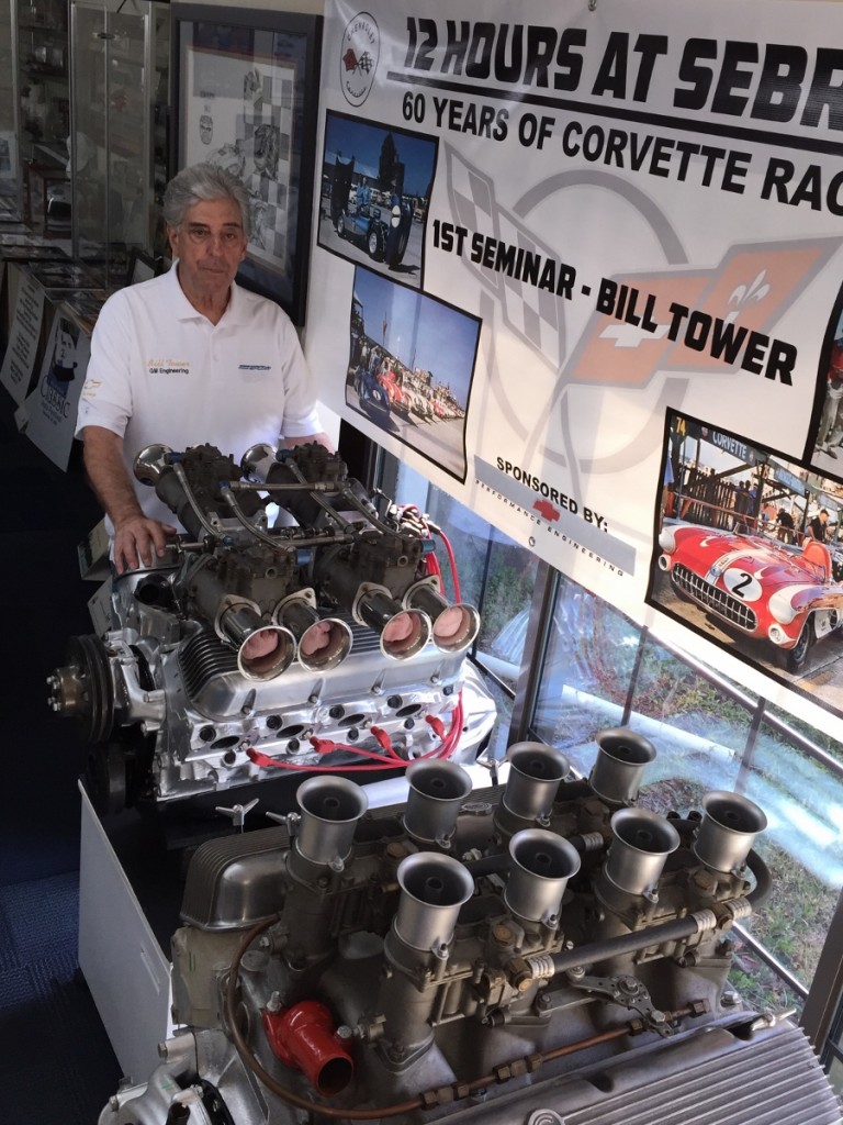 Bill Tower shows off some of his prized possessions, including the Smokey Yunick 283c.i. engine, a Can Am big-block Chevy with side draft carbs, and a hint of some other historic machines.